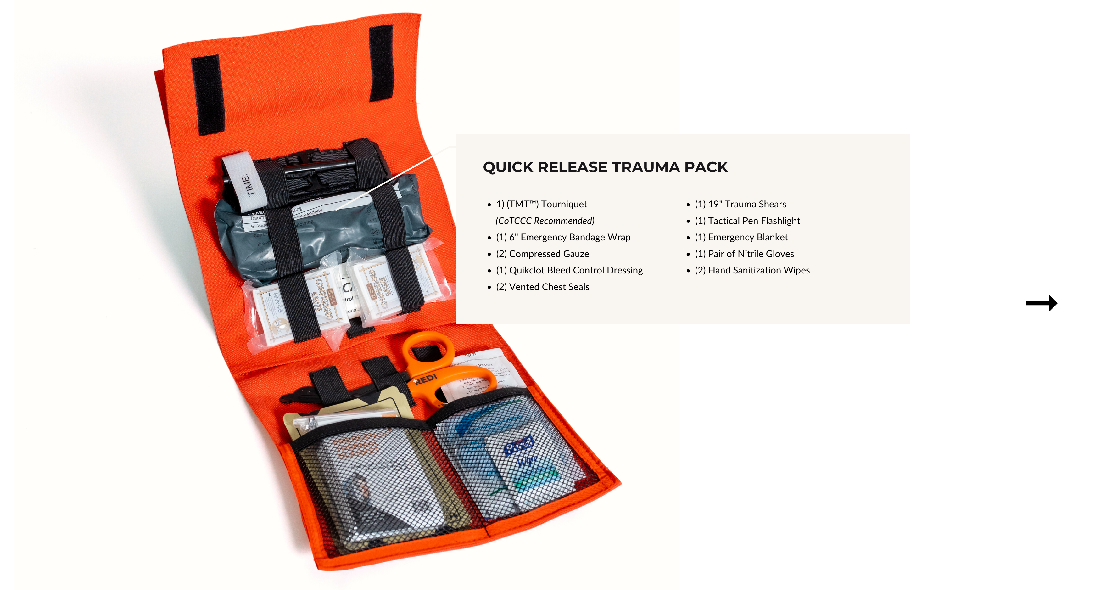 Contents inside the quick release trauma pack, which includes a list of blood hemorrhaging supplies used to treat critical, life threatening wounds