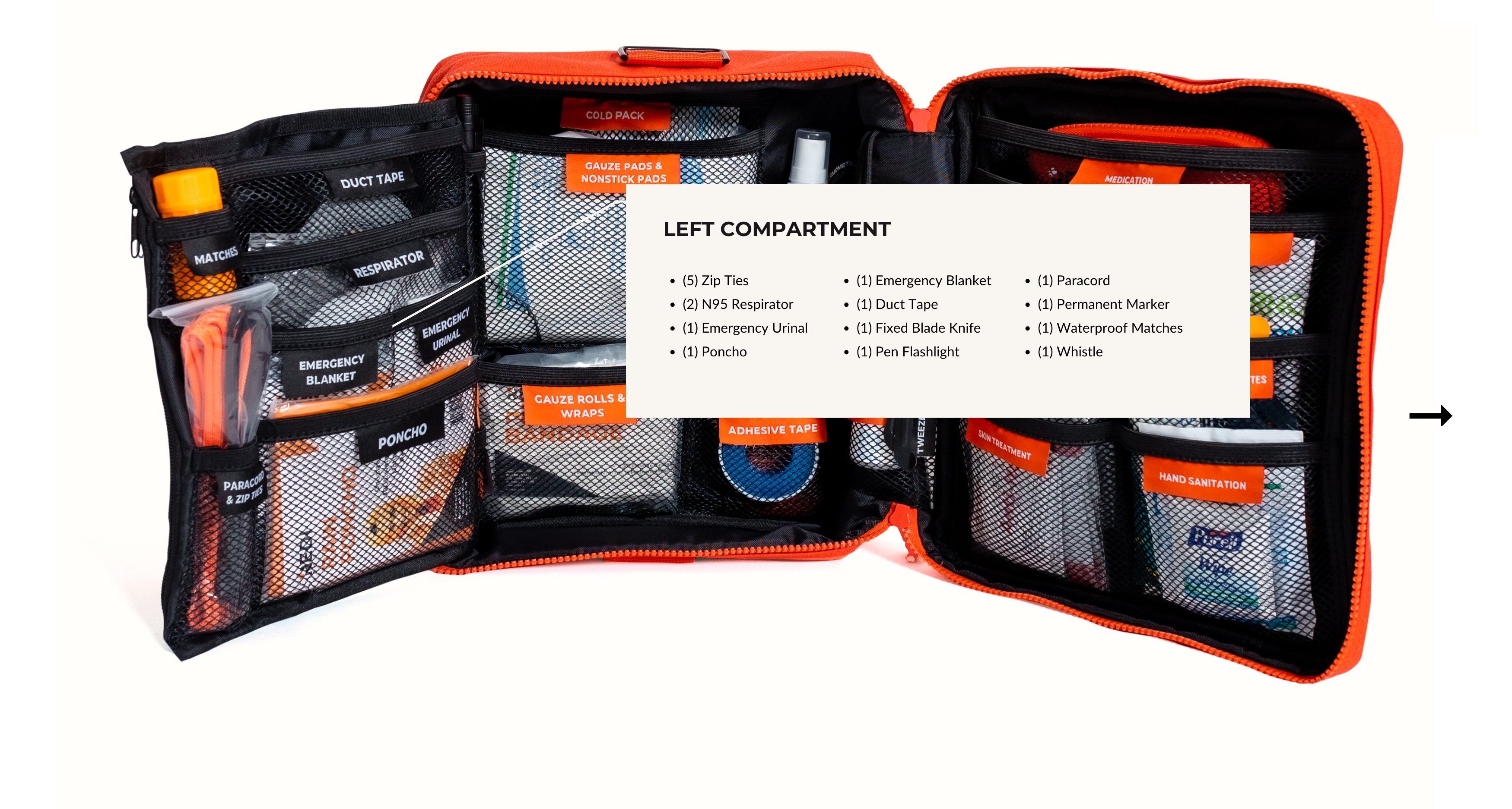 List of survival items and tools found inside the left compartment of the Roadie