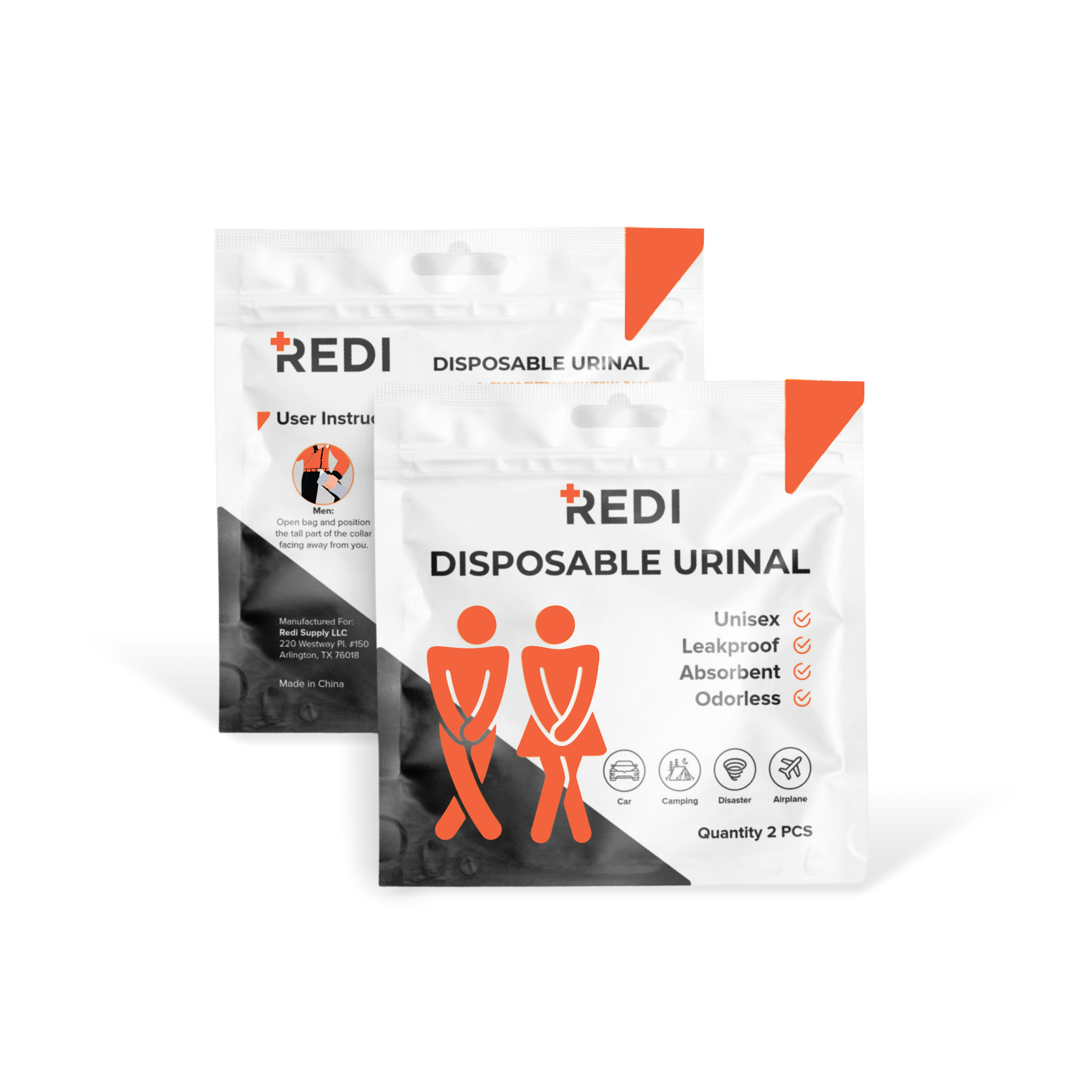 Two pack of Redi disposable emergency urinals in packaging indicating the product's features such as leakproof and odorless.