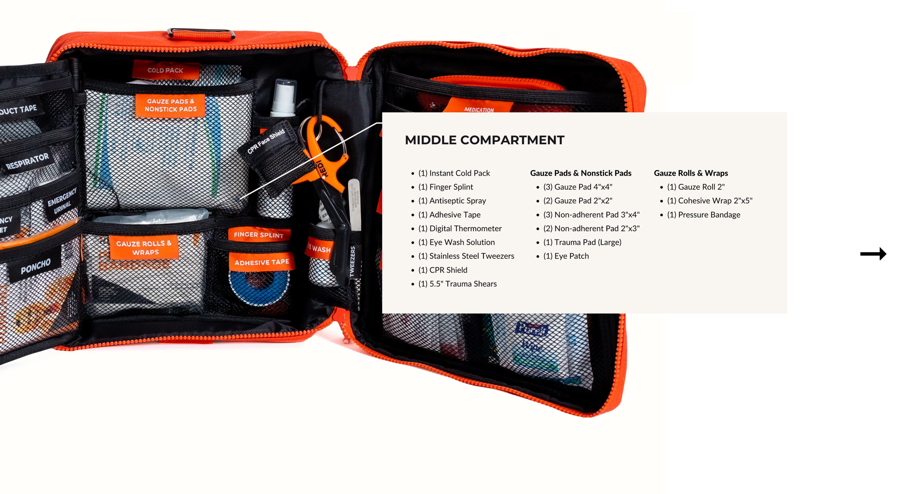 List of first aid items, gauze pads and rolls found inside the middle compartment of the Roadie first aid kit. 